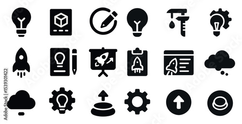 Startup and innovation filled icons set – solid, tech, business symbols