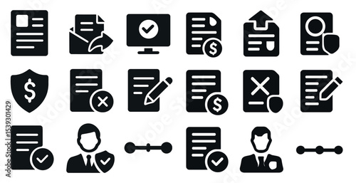 Business document silhouette icons set – solid, filled, contract and approval symbols
