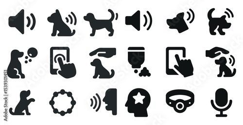 Dog training solid icons set – filled, pet care, obedience symbols