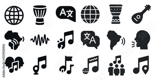 World music and communication icons set – solid, cultural, global symbols