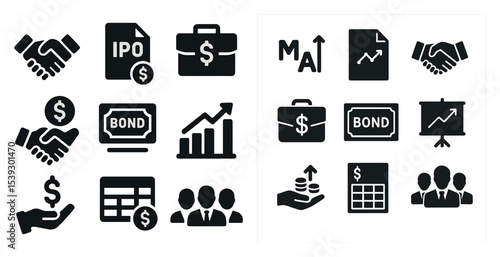 Business and finance solid icons set – silhouette, investment, corporate symbols