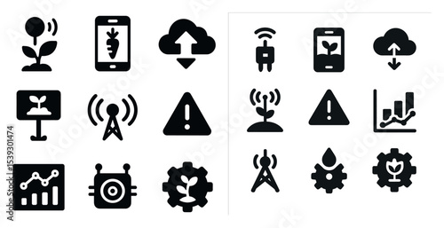 Agriculture and farming icons set – solid, filled, plant growth symbols