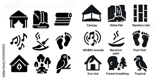 Eco retreat silhouette icons set – nature, relaxation, and wellness symbols