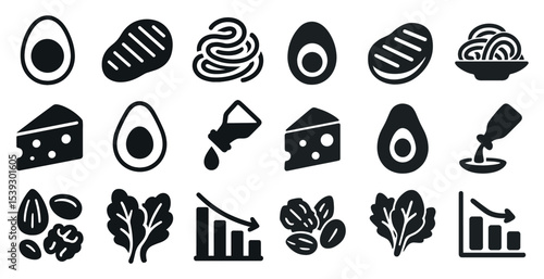 Healthy food and nutrition silhouette icons set – solid, filled, diet symbols