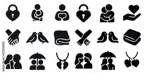 Love and relationship solid icons set – filled, romance, affection symbols
