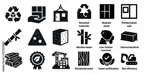 Sustainable construction solid icons set – eco-friendly, building, green materials