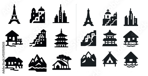 Landmarks and architecture silhouette icons set – flat, filled, building designs