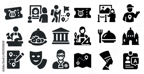 Cultural and historical solid icons set – flat, filled, heritage and art symbols