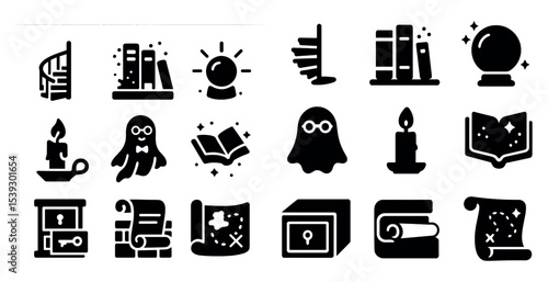 Library and magic solid icons set – filled, silhouette, enchanted and mystical symbols