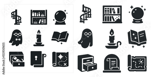 Mystic and magic solid icons set – filled, occult, alchemy symbols for design