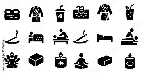 Spa and relaxation solid icons set – wellness, massage, soothing symbols