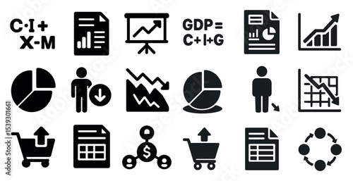 Business and economics solid icons set – 3d, filled, financial symbols and charts