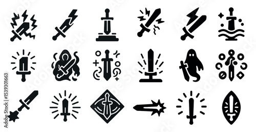 Sword and blade icons set – silhouette, solid, weapon and fantasy symbols