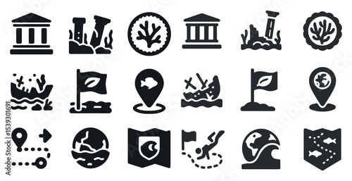 Ancient rome solid icons set – silhouette, history, empire design symbols