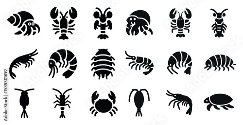 Marine life silhouette icons set – ocean, aquatic, sea creatures symbols