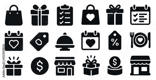 Shopping and retail icons set – solid, filled, commerce and e-commerce symbols