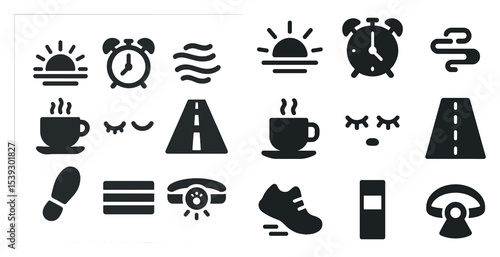 Daily routine silhouette icons set – solid, filled, morning and lifestyle symbols