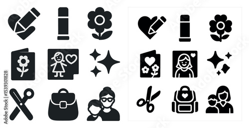 Family and school solid icons set – silhouette, filled, education and relationship symbols