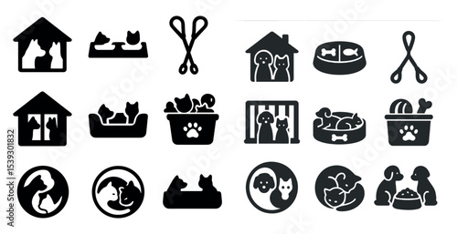 Pet care solid icons set – silhouette, filled, animal and veterinary symbols
