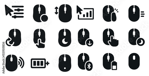 Computer mouse solid icons set – filled, silhouette, tech device graphics