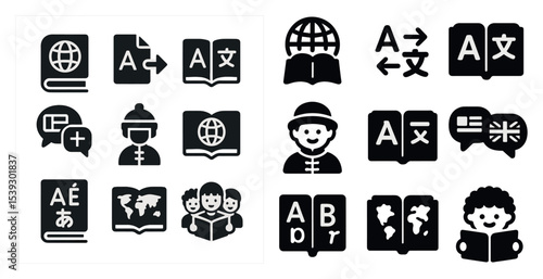 Language and translation 3d icons set – linguistics, interpreting, multilingual tools