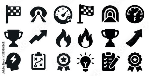 Racing and performance icons set – filled, solid, speed and competition symbols