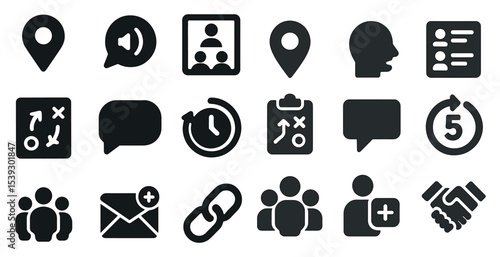 Communication and teamwork solid icons set – collaboration, flat, filled symbols