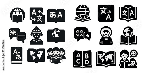 Translation and language solid icons set – silhouette, global communication symbols