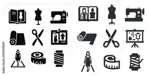Fashion design solid icons set – silhouette, garment creation, sewing essentials