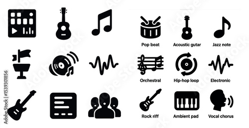 Music and sound solid icons set – filled, acoustic, musical design symbols