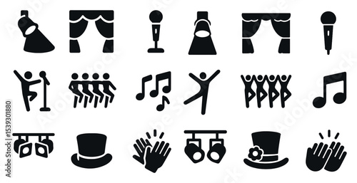 Theater and performance solid icons set – silhouette, drama and stage symbols