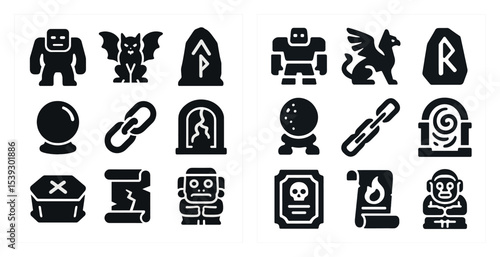 Fantasy and magic silhouette icons set – filled, solid, mystical symbols
