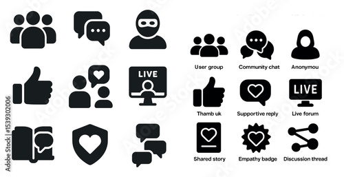 Community engagement icons set – solid, silhouette, social interaction and chat symbols