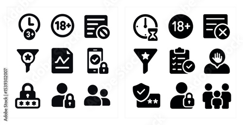 Security and privacy icons set – solid, filled, protection and safety symbols