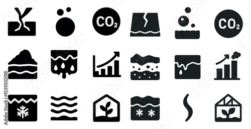 Climate change solid icons set – global warming, environmental impact symbols