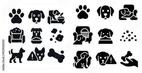 Pet care silhouette icons set – filled, solid, animal and veterinary symbols