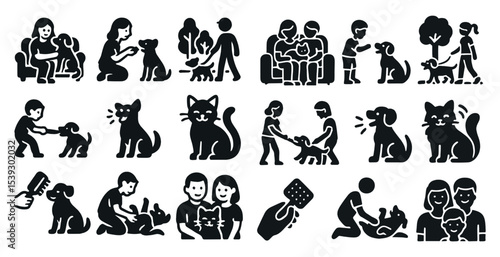 Pet care silhouette icons set – solid, filled, animal and veterinary symbols