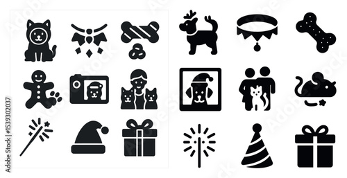 Pet and christmas solid icons set – silhouette, filled, holiday season symbols