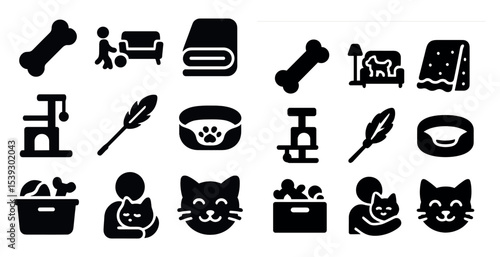 Pet and animal silhouette icons set – filled, solid, cat and dog symbols collection