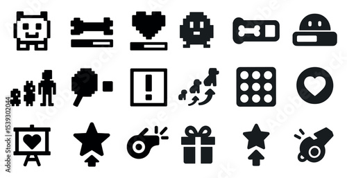 Retro pixel art icons set – gaming, classic, arcade style symbols