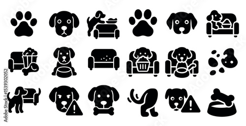 Dog and pet silhouette icons set – flat, solid, animal and care symbols