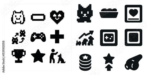 Gaming and entertainment pixel art icons set – retro, silhouette, digital symbols
