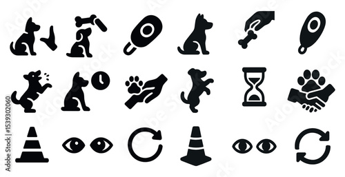 Pet training silhouette icons set – solid, filled, animal care and obedience symbols