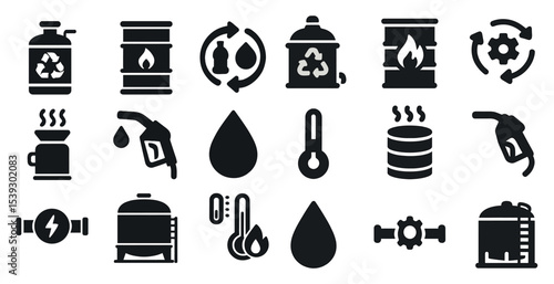 Recycling and waste management solid icons set – flat, filled, eco symbols