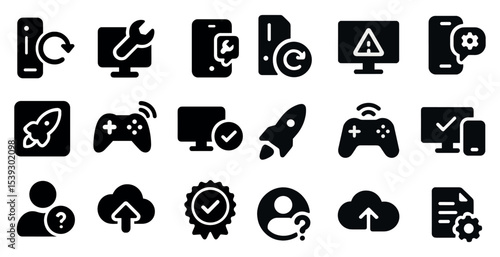 Computer and technology solid icons set – filled, digital, tech symbols