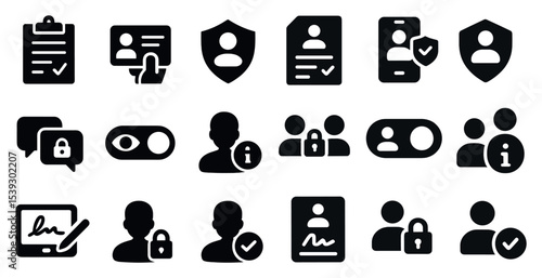 Identity and security icons set – solid, filled, data protection and privacy symbols
