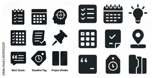 Project management solid icons set – task, deadline, milestone symbols and tools
