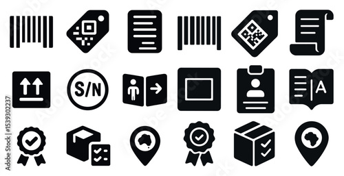 Barcode and qr code solid icons set – flat, filled, packaging and logistics symbols