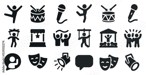 Performing arts icons set – solid, filled, theater and dance symbols