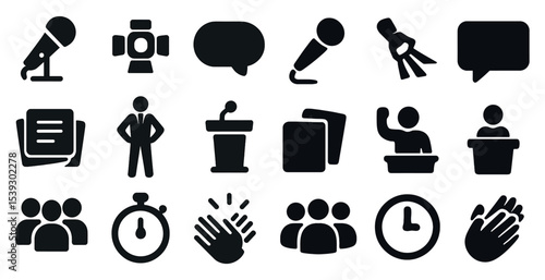 Public speaking silhouette icons set – solid, filled, lecture and oratory symbols